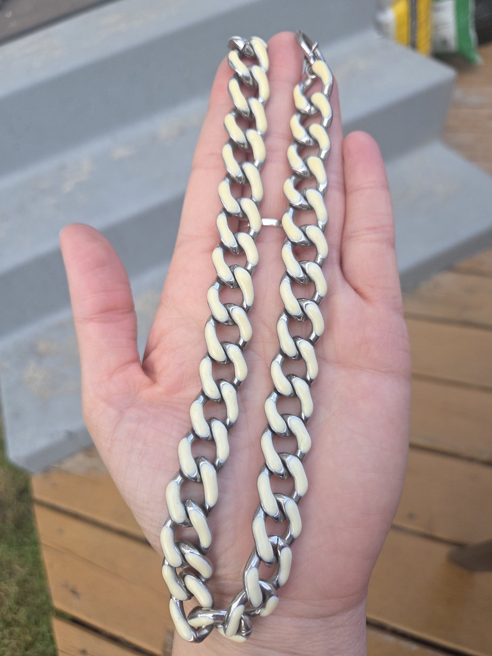 Cream and Silver Cuban Link Chain Necklace - Men Accessories